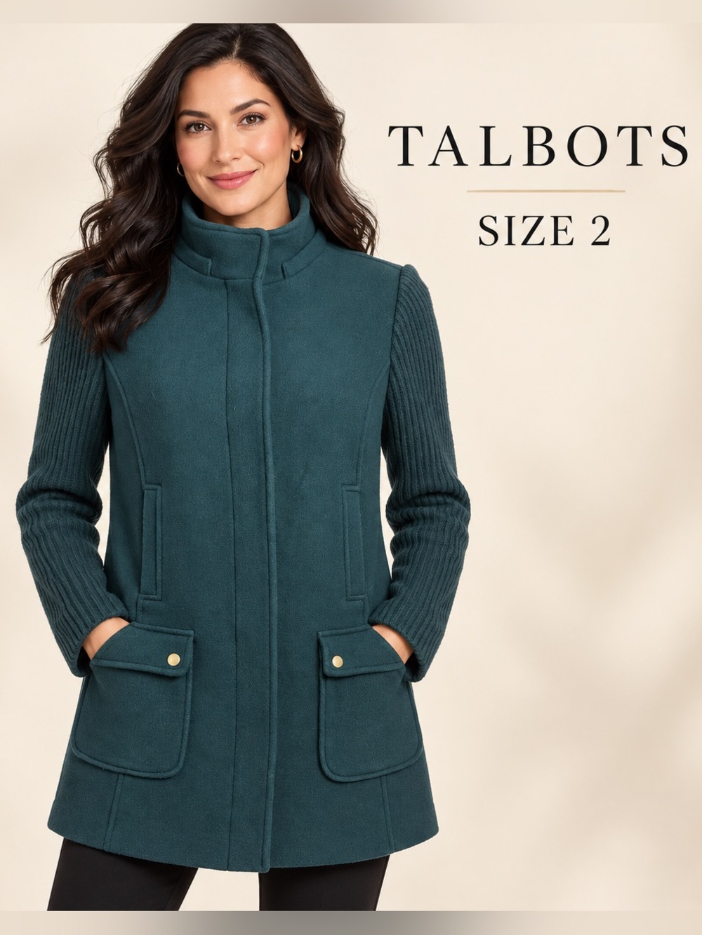 Talbots Women’s Size 2 Teal Italian Wool Blend Coat Knit Sleeves preppy Classic